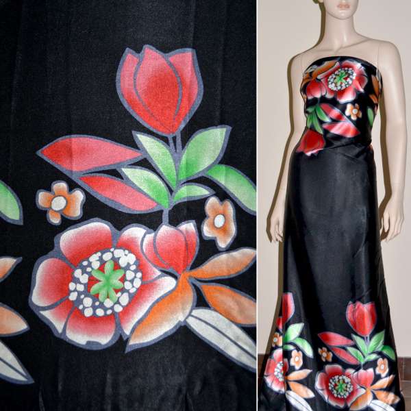 Атлас стрейч черный, двухсторонний купон в красно-зеленые цветы ш.150