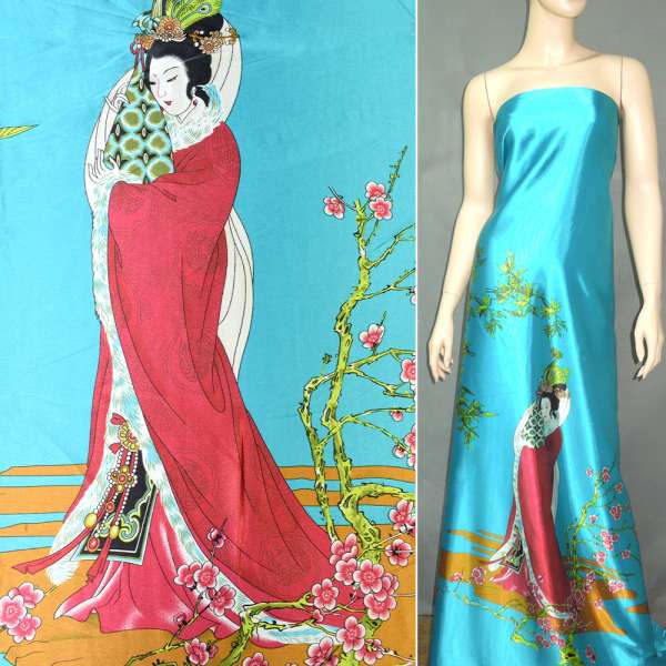 Атлас стрейч бирюзовый купон с восточной девушкой ш.150