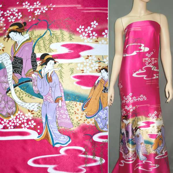 Атлас стрейч малиновый купон с восточными девушками ш.150