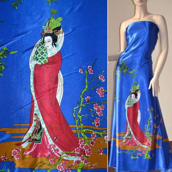 Атлас стрейч светло-синий купон с восточными девушками ш.150