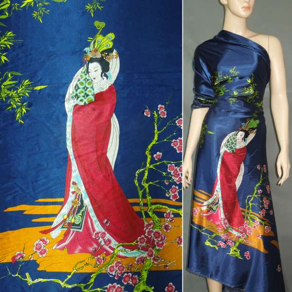 Атлас стрейч синий купон с восточными девушками ш.150