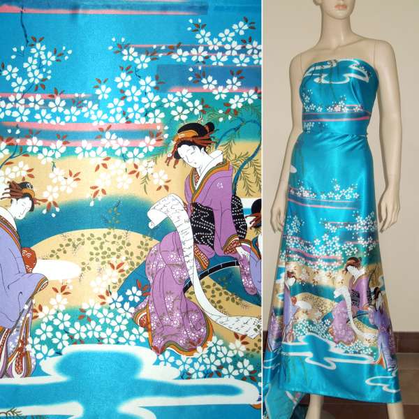 Атлас стрейч бирюзовый купон с восточными девушками ш.150