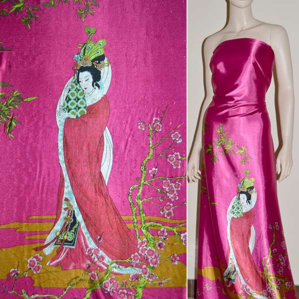 Атлас стрейч малиновый купон с восточными девушками ш.150