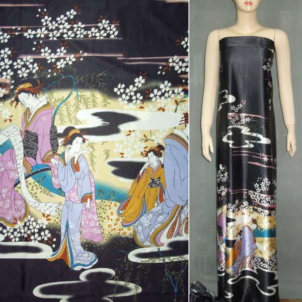 Атлас стрейч черный купон с восточными девушками ш.150