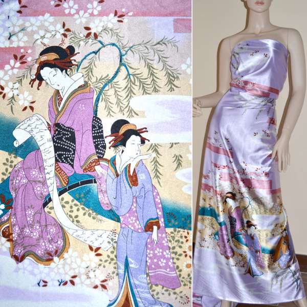 Атлас стрейч светло-фиолетов купон с восточными девушками ш.150