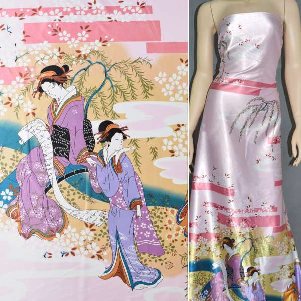 Атлас стрейч бледно-розов купон с восточными девушками ш.150