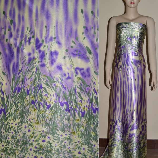 Атлас стрейч желто-сиреневый, двухсторонний купон цветы ш.150