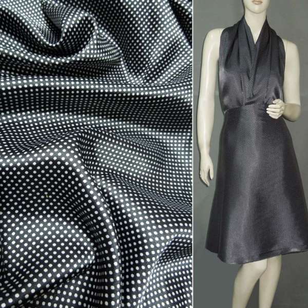 Сатин стрейч черный в мелкий белый горох ш.120