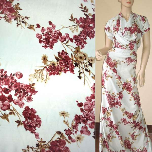 Атлас стрейч шамус молочный с бордово-коричневыми цветами ш.150