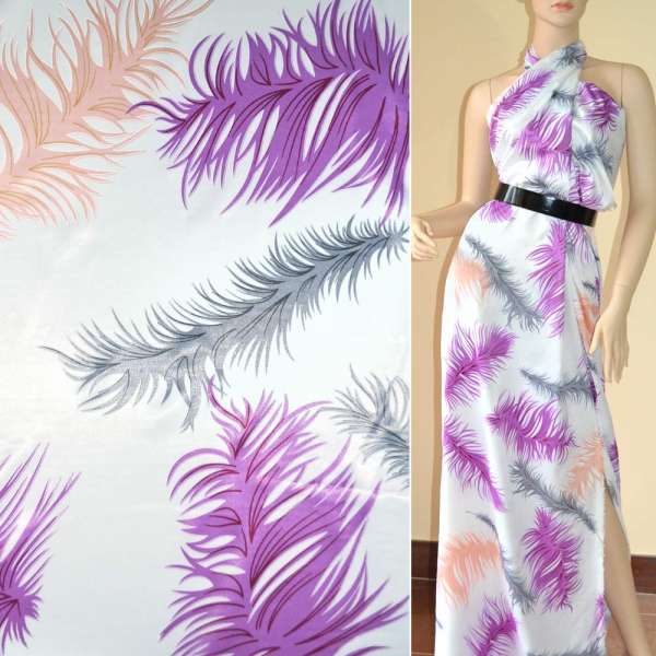 Атлас стрейч шамус белый с сиренево-серыми перьями ш.150