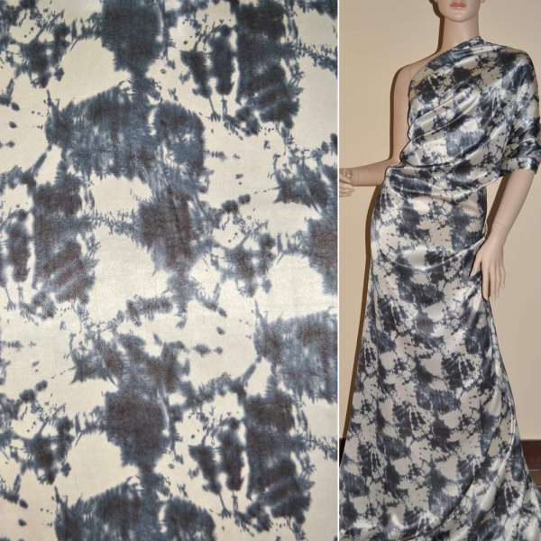 Атлас стрейч шамус світло-бежевий з сірим абстрактним малюнком ш.150