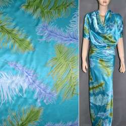 Атлас стрейч шамус ярко-голубой с салатными голубыми перьями ш.150