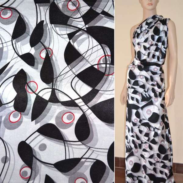 Атлас стрейч шамус белый в черно-красный абстрактный рисунок ш.150