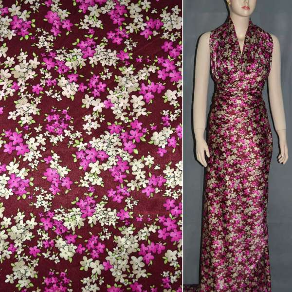 Атлас стрейч шамус бордовый с малиново-кремовыми цветами ш.150