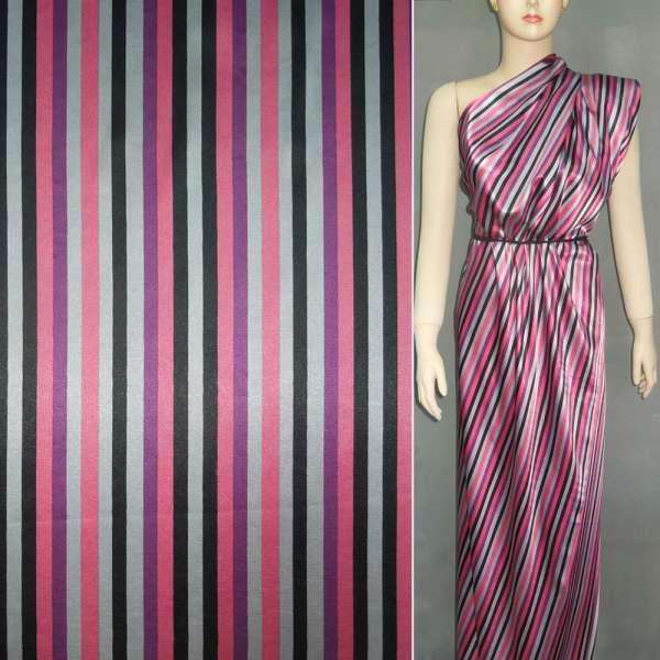 Атлас стрейч шамус в смужку чорно-бузково-світло-сіру ш.150