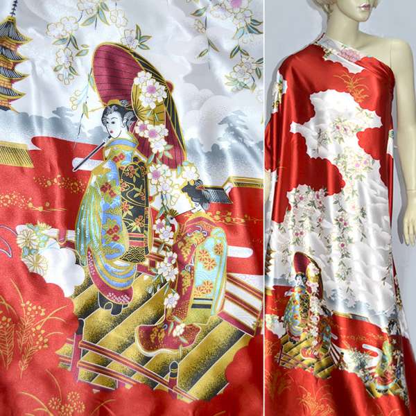 Атлас стрейч білий зі східними дівчатами ш.150