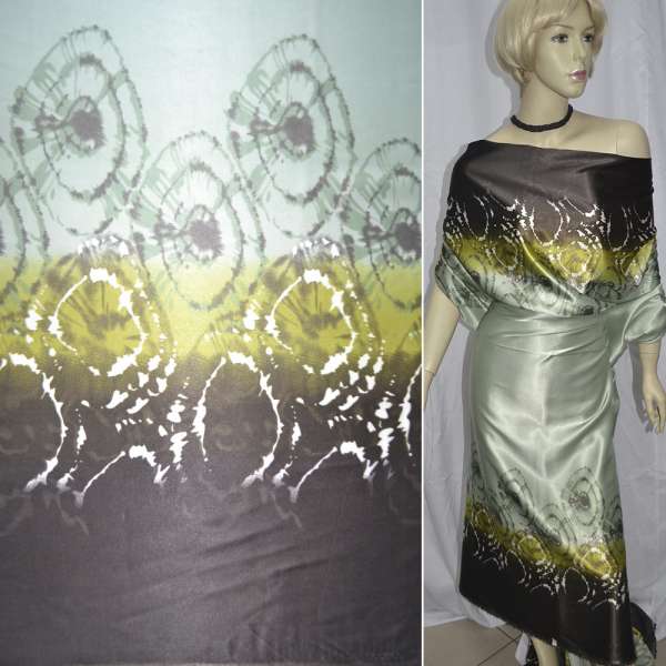 Атлас стрейч шамус оливковый с двухсторонним коричневым купоном ш.150