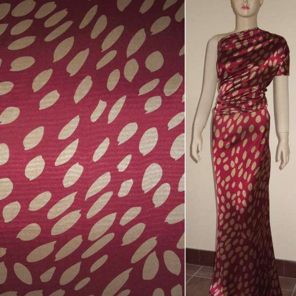 Атлас стрейч вишневый в бежевые овалы ш.150