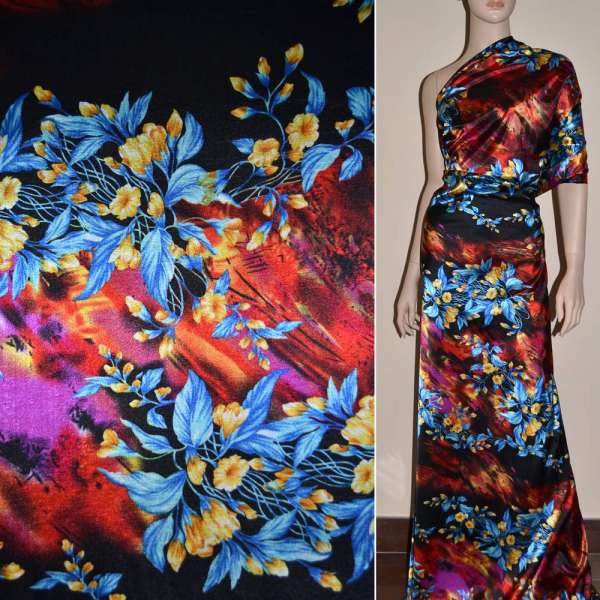 Атлас стрейч черный в желто-синие цветы ш.150