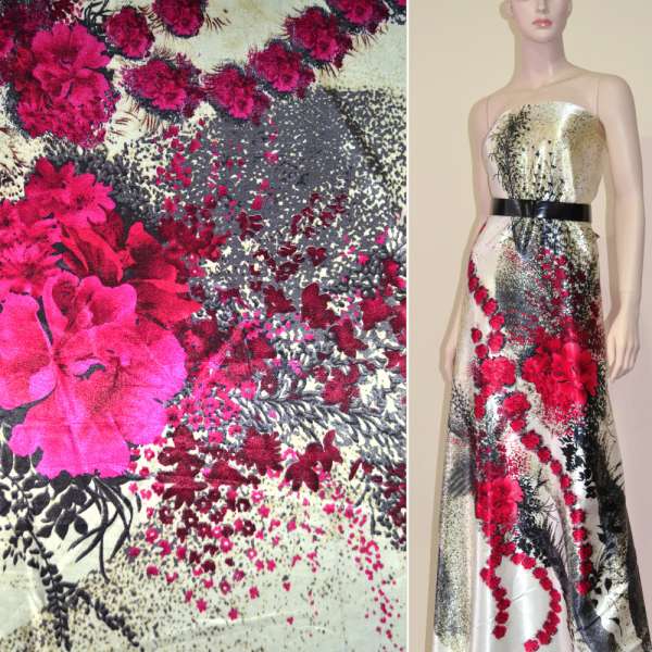 Атлас стрейч кремовый с малиновыми цветами в центре ш.150