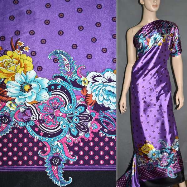 Атлас стрейч светло-сиреневый, двухсторонний купон в цветы ш.150