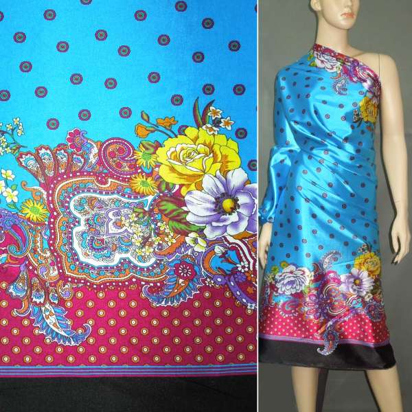 Атлас стрейч голубой двухсторонний черно-малиновый купон в цветы ш.150