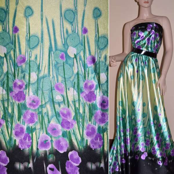 Атлас стрейч салатов двухсторонний черный купон в фиолетовые цветы ш.150