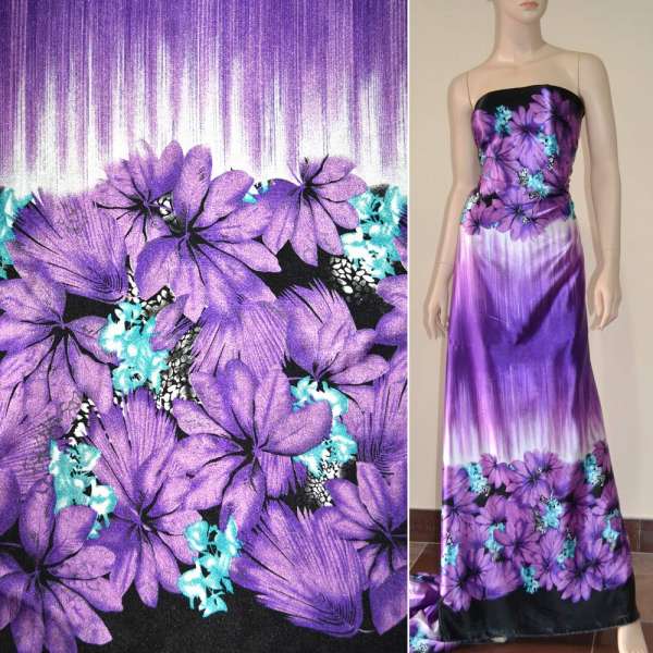 Атлас стрейч сиреневый, двухсторонний купон в черно-сиреневые цветы ш.150