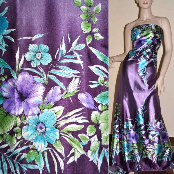 Атлас стрейч темно-фиолетовый, 2-ст. купон в бирюзово-фиолетовые цветы ш.150