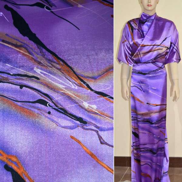 Атлас стрейч светло-сиреневый в черно-оранжевые разводы ш.150