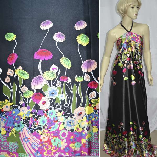 Атлас стрейч чорний, двосторонній купон в яскраві квіти ш.150