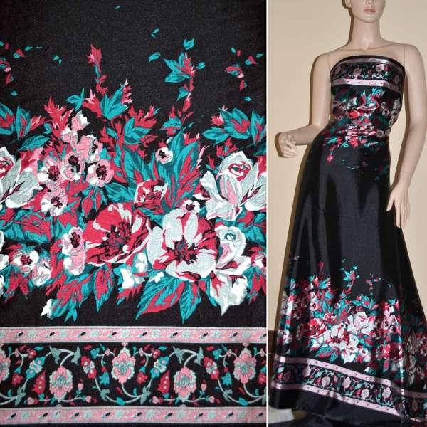 Атлас стрейч чорний, двосторонній купон в сіро-зелені маки ш.150