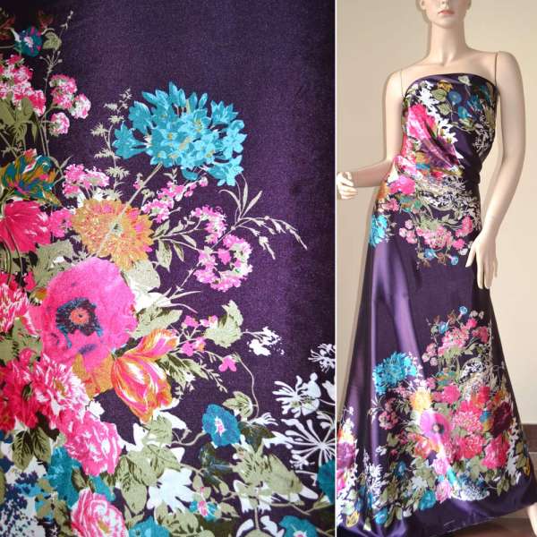 Атлас стрейч фиолетовый, двухсторонний купон в анютины глазки ш.150