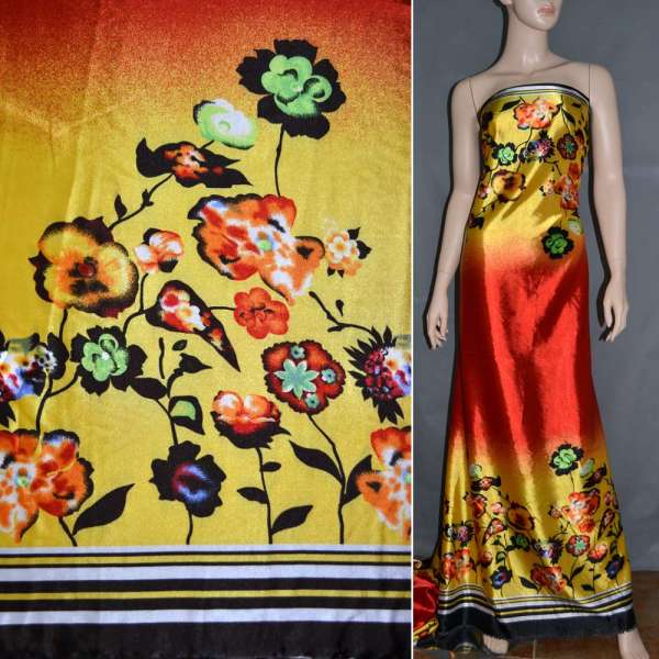 Атлас стрейч желто-красный, двухсторонний купон в цветы ш.150