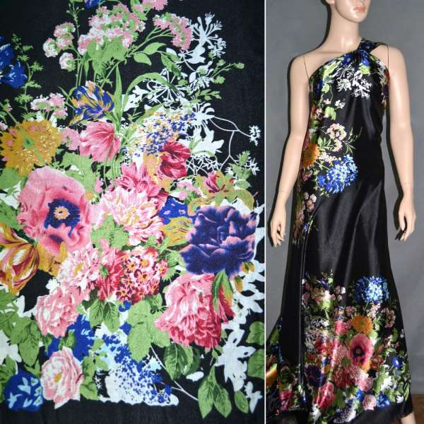 Атлас стрейч черный, двухсторонний купон в мелкие цветы ш.150