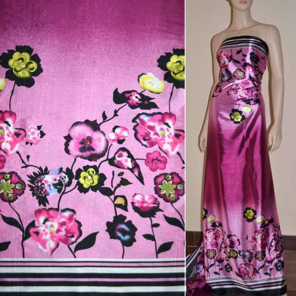 Атлас стрейч сиренево-розовый, двухсторонний купон в цветы ш.150