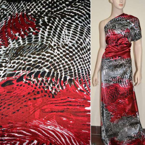 Атлас стрейч красный в коричнево-серый рисунок ящерица ш.150