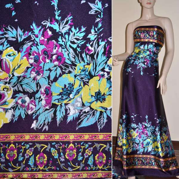 Атлас стрейч темно-фиолетовый, двухсторонний купон с абстракцией ш.150