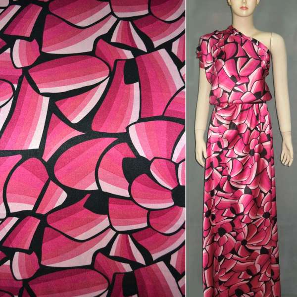 Атлас стрейч рожево-малиновий з чорними квітами ш.150