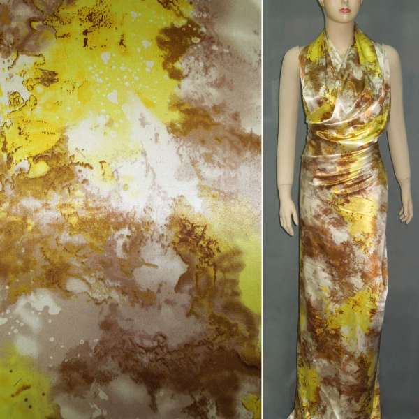 Атлас стрейч светло-коричневый с желтой абстракцией рисунок ш.150