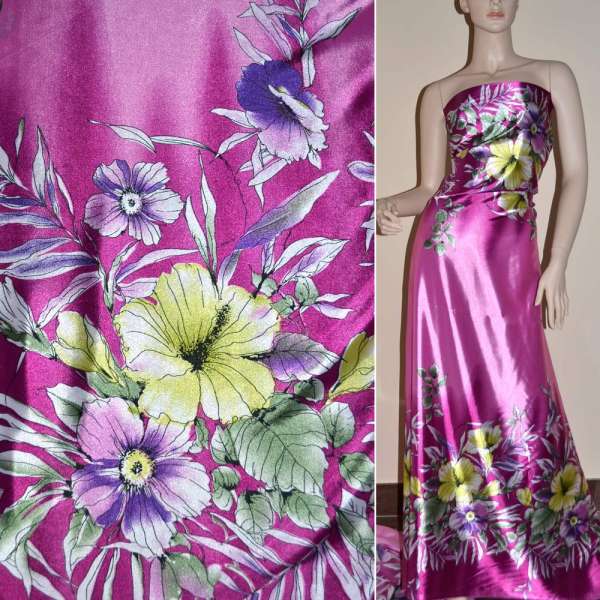 Атлас стрейч сиреневый, двухсторонний купон в большие цветы ш.150