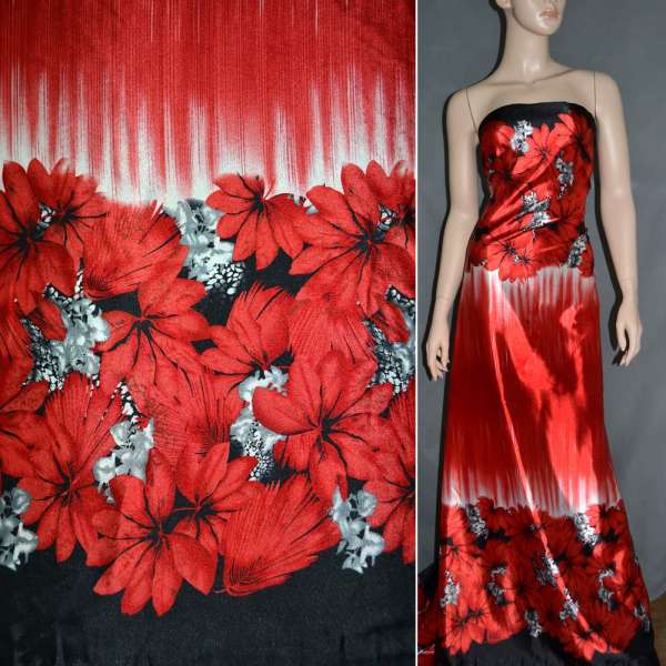 Атлас стрейч красный, двухсторонний купон с красно-черными цветами ш.150