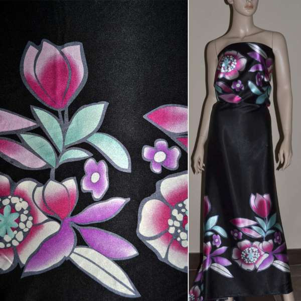 Атлас стрейч черный, двухсторонний купон в розово-бирюзовые цветы ш.150