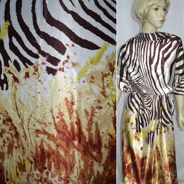 Атлас стрейч молочный коричневый зебра с абстракцией , ш.150