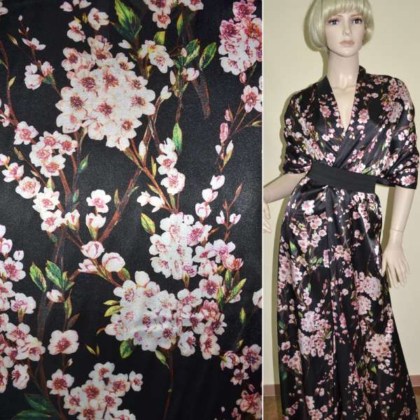 Атлас стрейч черный с цветущими веточками (принт) ш.150