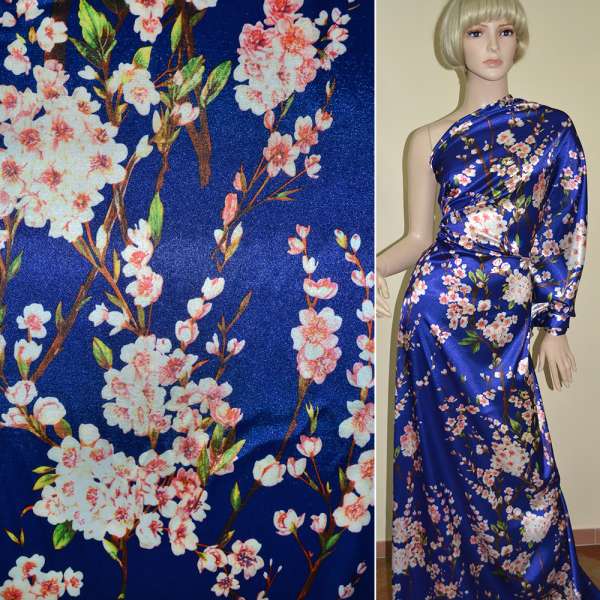 Атлас стрейч синий с цветущими веточками (принт) ш.150