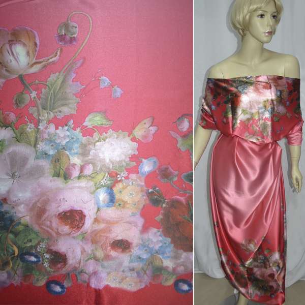 Атлас стрейч розово-красный, двухсторонний купон цветы ш.150