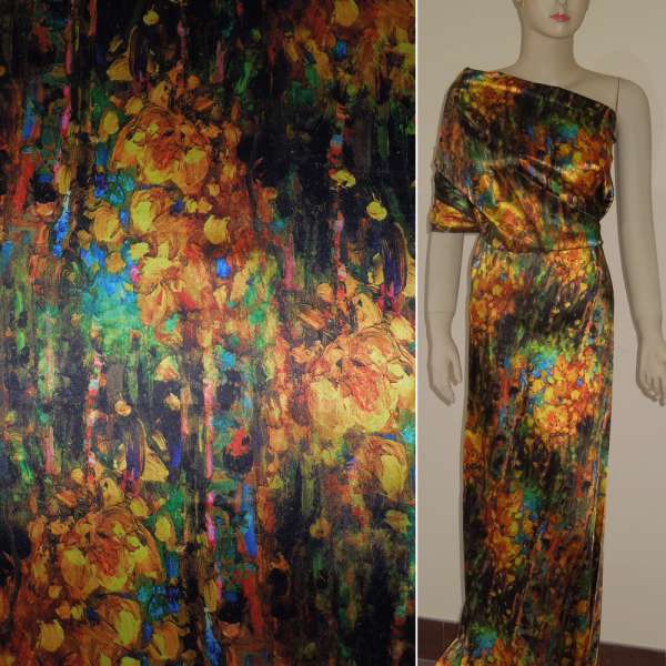 Атлас стрейч черный с желто-зеленым абстрактным рисунком ш.150