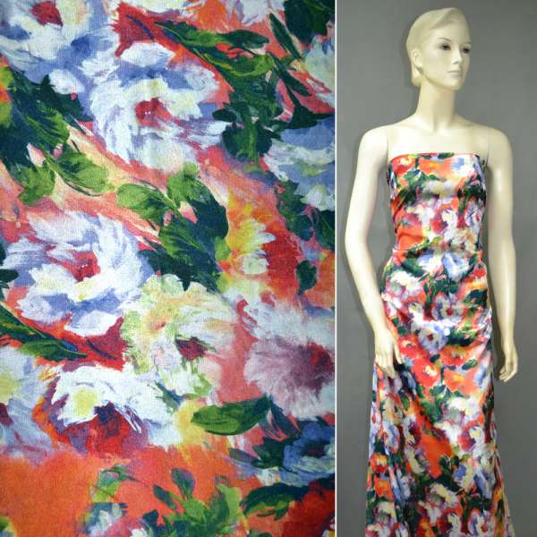 Атлас стрейч оранжево-зеленый с желто-голубыми цветами ш.150