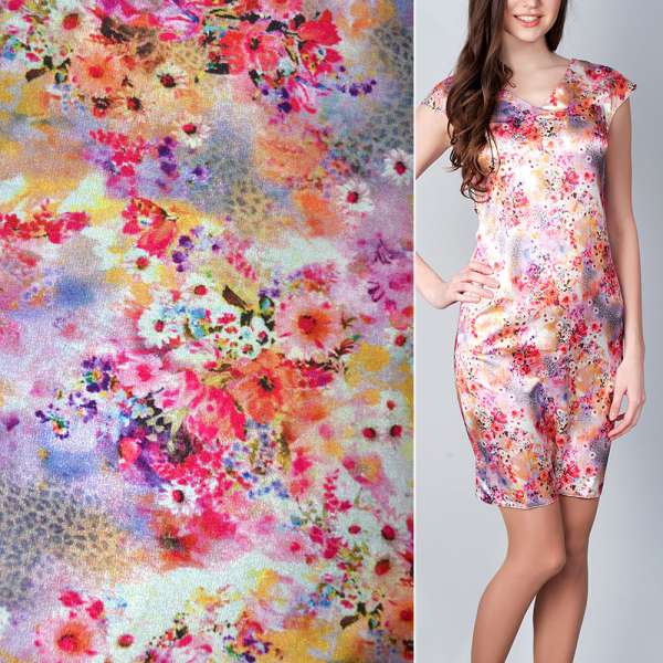 Атлас стрейч рожево-жовтий з дрібними букетами квітів (принт) ш.154